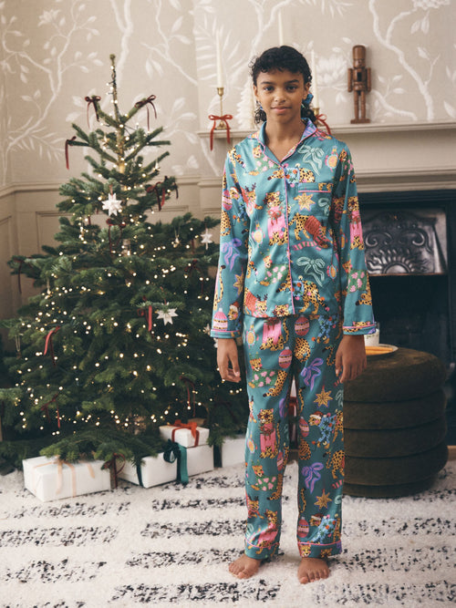 Teal Leapord Christmas Satin Button Through Pyjamas (3-16yrs)
