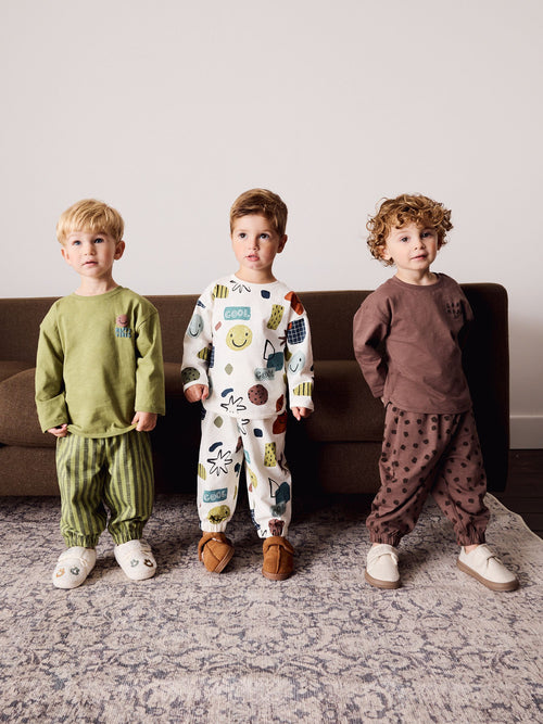 Green/Ecru/Tan Smiley Shapes Oversized Pyjamas 3 Pack (9mths-10yrs)
