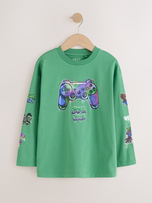 Green Gaming Relaxed Fit Graphic Long Sleeve Cotton T-Shirt (3-16yrs)