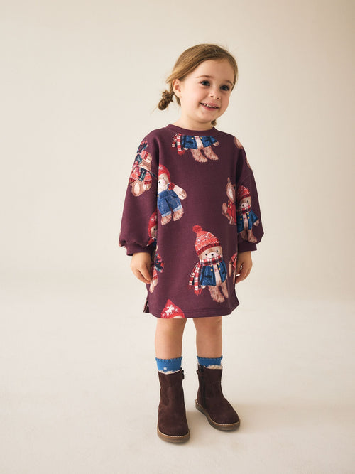 Burgundy Red Bear Long Sleeve Sweat Dress (3mths-7yrs)