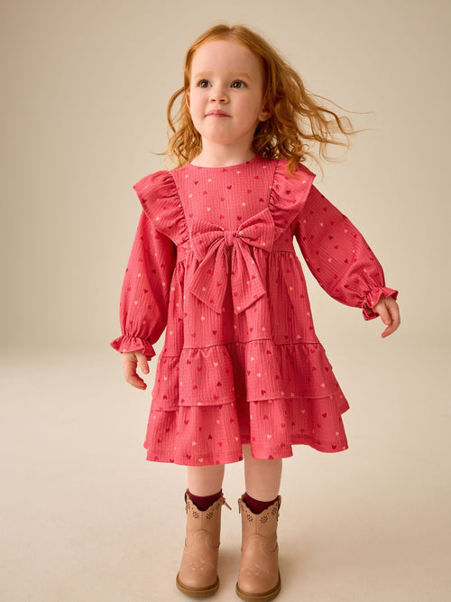 Pink Hearts Long Sleeve Tiered Dress (3mths-7yrs)