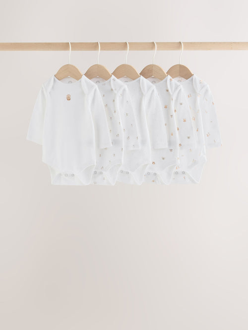 White Mini Safari Animals Long Sleeve Baby Bodysuits 5 Pack