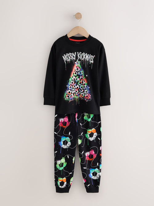 Black Multi Football Christmas Pyjamas Set (3-16yrs)