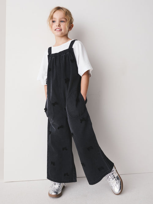 Charcoal Grey Velvet Bow Dungarees (3-16yrs)