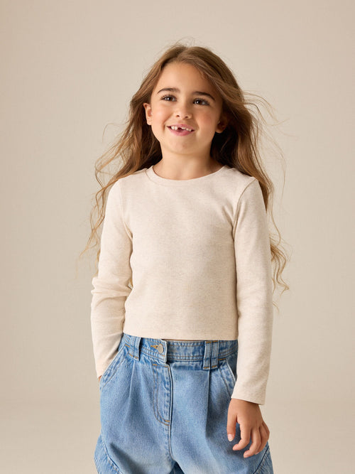 Oatmeal Fitted Long Sleeve Rib Top (3-16yrs)