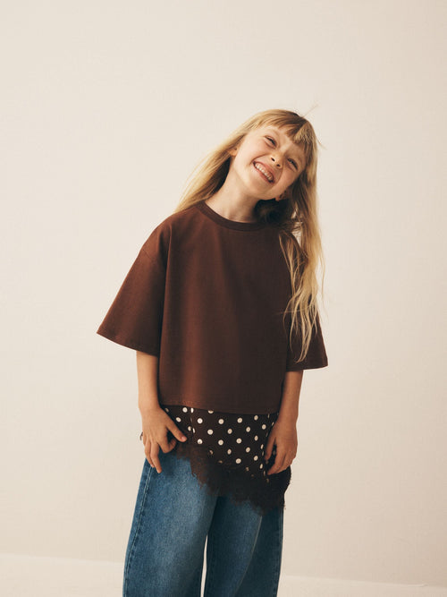 Chocolate Brown Spot Lace Asymmetric T-Shirt (3-16yrs)