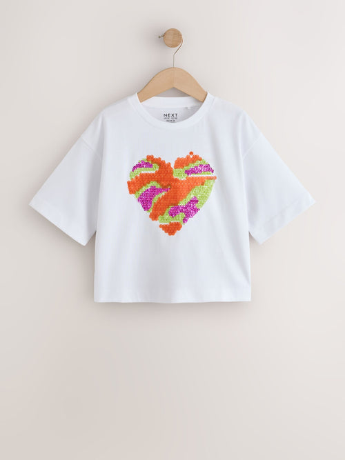 White Pastel Boxy Sequin Heart T-Shirt (3-16yrs)