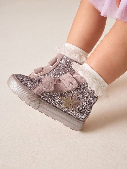 Pink Glitter Standard Fit (F) Touch Fastening High Top Trainers