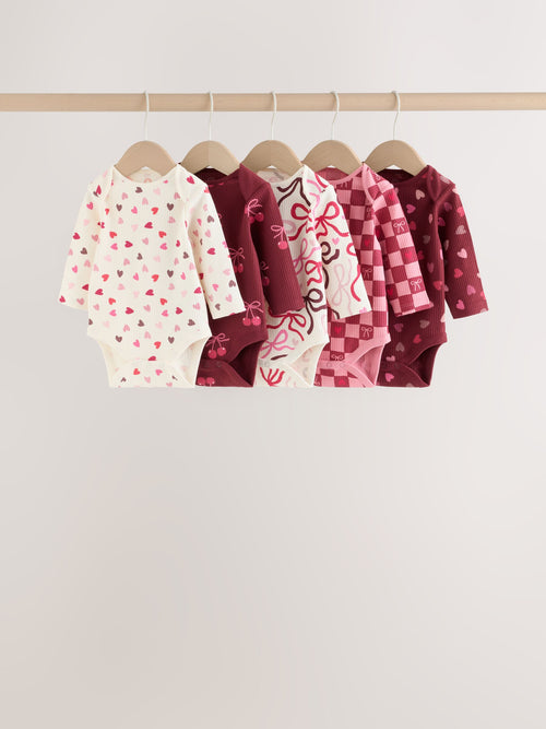 Red/Pink Bow Long Sleeve Baby Bodysuits 5 Pack
