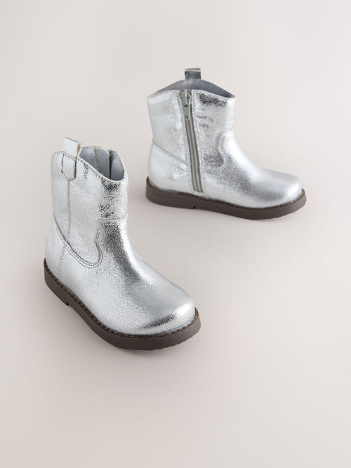 Silver Metallic Standard Fit (F) Western Ankle Boots