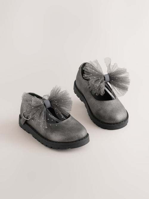 Pewter Silver Shimmer Wide Fit (G) Chunky Bow Mary Jane Shoes