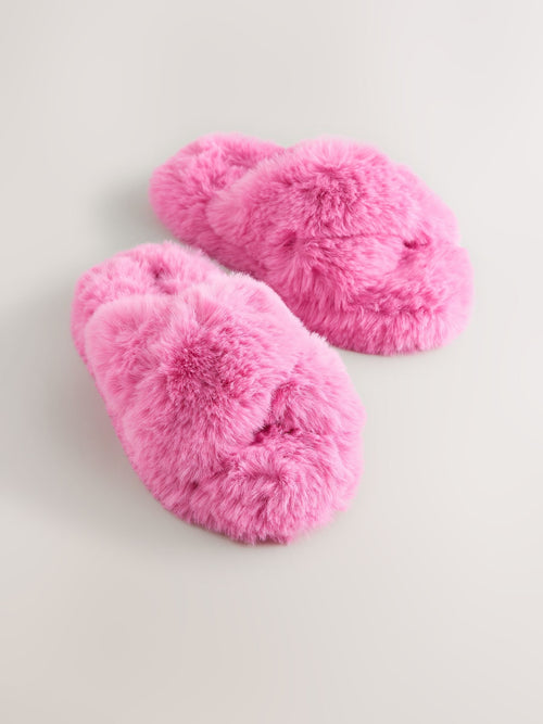 Bright Pink Faux Fur Slipper Mules