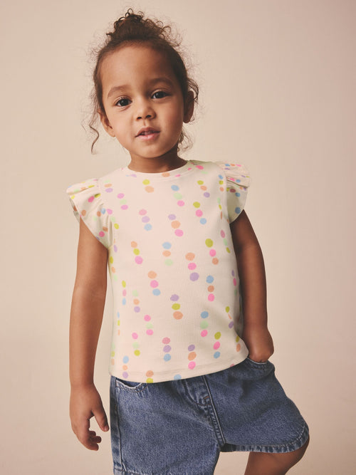 Ecru White Rainbow Spot Frill Shoulder Ribbed Vest (3mths-7yrs)